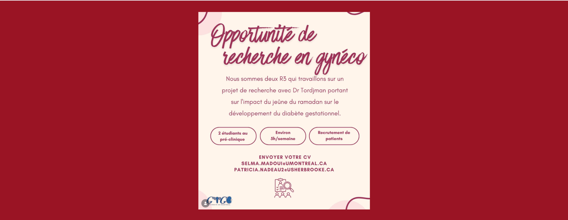 Opportunité de recherche en gynécologie